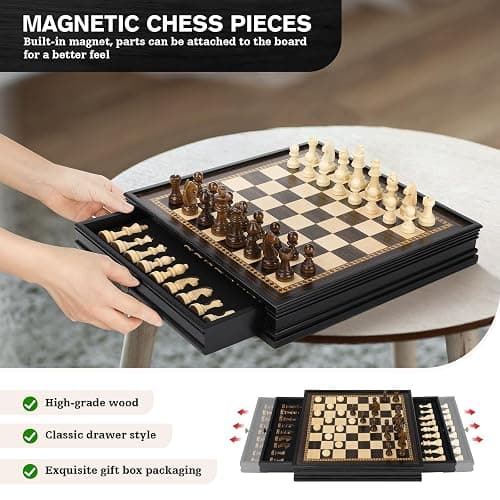 Peradix Magnetic Chess and Checkers Set with 2 Built-in Storage Drawers, Classic 2 in 1 Wooden Board Games, Magnetic Chess Pieces 2 Extra Queens, 12.8" Chess Set for Adults and Kids Gift Package thumbnail 3