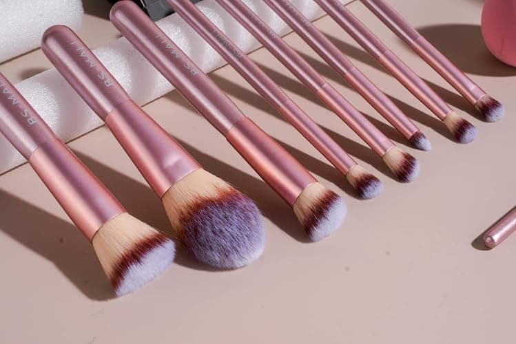 BS-MALL 14 Pcs Makeup Brushes Set with 1 Pcs Makeup Sponge – Essential Foundation Powder Concealers, Eye Shadows, Blush Makeup Brushes with Travel Makeup Case (Matte Gold Pink) thumbnail 8