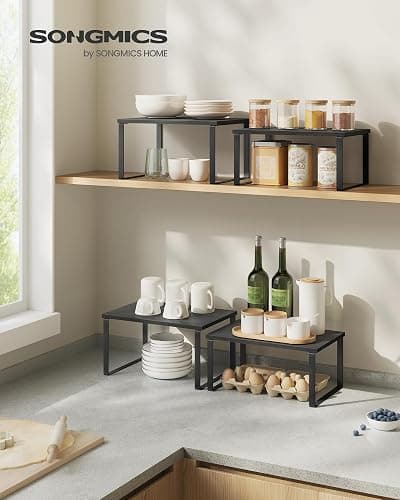 SONGMICS Cabinet Organizer Shelf, Set of 4 Kitchen Counter Shelves, Kitchen Storage, Spice Rack, Stackable, Expandable, Metal and Engineered Wood, Ink Black and Ebony Black UKCS027B01 thumbnail 3