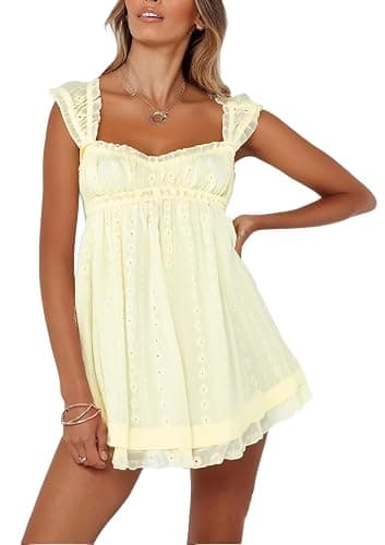 Women Sleeveless Mini Sundress Floral Embroidery Elastic Waist Aline Dress Square Neck Babydoll Short Dress - Image 1