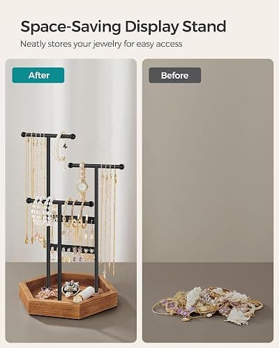 SONGMICS Jewelry Holder, Jewelry Organizer, 3 Tiers and 1 Tray, Jewelry Display Stand with Metal Frame, Necklace Earring Bracelet Holder, for Rings, Christmas Gift, Ink Black and Caramel Brown thumbnail 6