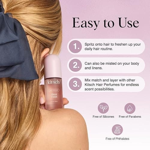 Kitsch Hair Perfume for Women - Sheer Violet | Clean, Deodorizing & Patented Odor-Eliminating Technology Hair Spray & Body Mist - Freshen Hair, Body & Pillows - Raspberry, Soft Musk Scent - 50mL thumbnail 4