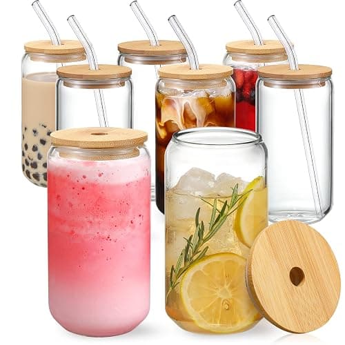 NETANY [ 8pcs Set ] Drinking Glasses with Bamboo Lids and Glass Straw - 16oz Glass Cups, Beer Glasses, Iced Coffee Glasses, Cute Tea Cup, Ideal for Cocktail, Whiskey, Gift - 2 Cleaning Brushes - Image 1