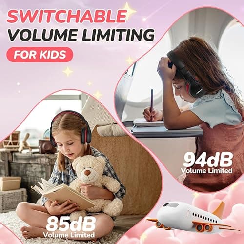 JoySpark Kids Bluetooth Headphones, 60 Hours Playtime, Bluetooth 5.4 Kids Headphones Wireless, Type-C Fast Charging, 85/94dB Volume Limited, Foldable Toddler Wireless Headsets with Mic-Black Red thumbnail 2