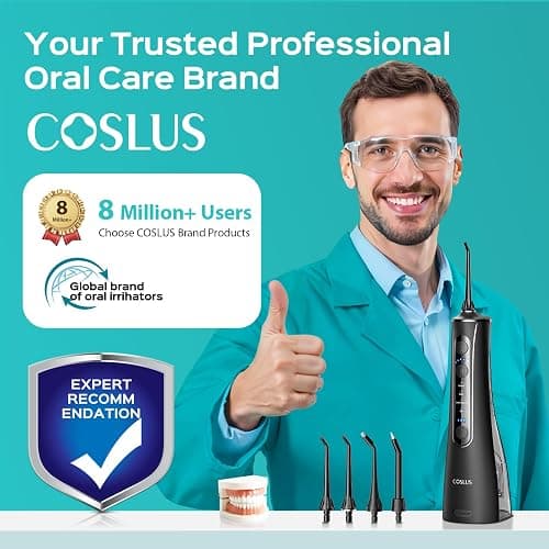 COSLUS Portable Water Flosser for Teeth: 4 Modes & 5 Intensity Levels Professional Electric Dental Pick for Sensitive Gums, Braces & Orthodontic - Cordless for Travel Use, for Adults, BPA-Free, Black thumbnail 5