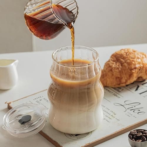 Ribbed Glass Cups with Lids and Straws – Unique Glasses for Iced Coffee, 18oz Vintage Design, Ideal Wavy Coffee Cups with Straws, Bubble Glass Aesthetic, Clear Ribbed Glasses thumbnail 2