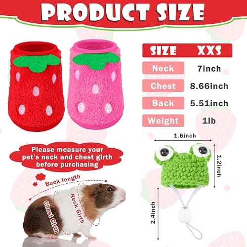 Mixweer 4 Pieces Guinea Pig Stuff Includes 2 Guinea Pig Clothes and 2 Cute Mini Hats with Adjustable Strap Small Animal Warm Vest Cozy Hand Knitted Hat for Hamster Bunny(Frog Style) thumbnail 2