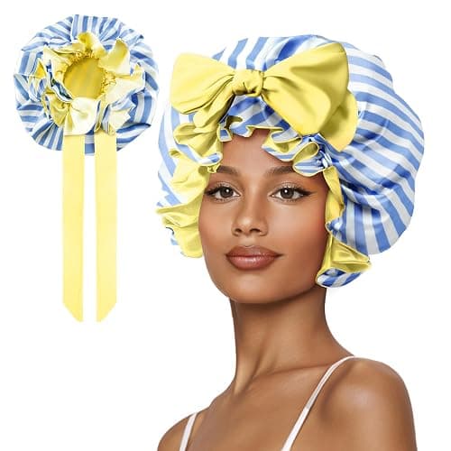 Vettres Silk Bonnet, Satin Hair Shower Cap for Sleeping Women 2025 Tie Band Adjustable Straps Head Wrap for Curly Hair Blue Stripe F - Image 1