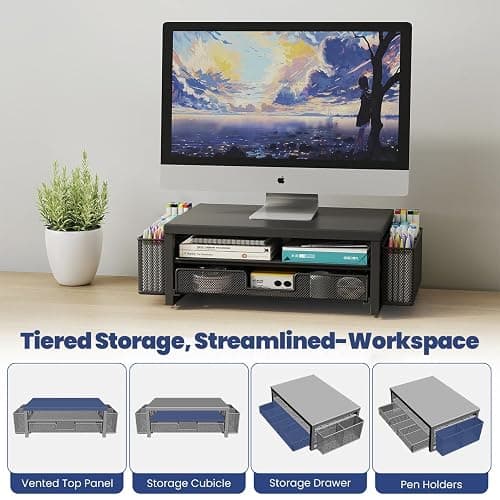 2 Tier Monitor Stand Riser with Drawer & 2 Pen Holders Storage for Desktop, Metal Computer Desk Organizer Stand for Laptop, Computer, iMac(Black) thumbnail 7