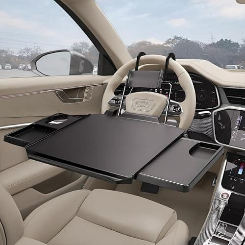 2-in-1 Car Steering Wheel Tray & Back Seat Table with Phone Holder – Height Adjustable Steering Wheel laptop desk, Food Tray , Writing Desk & Car Eating Tray - Car desk fit up to 15" Steering Wheel - Image 1