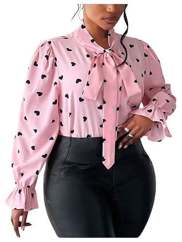 WDIRARA Women's Plus Size Heart Print Bow Tie Neck Long Sleeve Blouse Office Shirt Top - Image 1