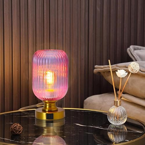 MAINDECO Mid Century Glass Table Lamp,Dimmable Desk Lamp,LED Bulb Included,Touch Control & USB A+C Port,Pink Ribbed Glass thumbnail 6