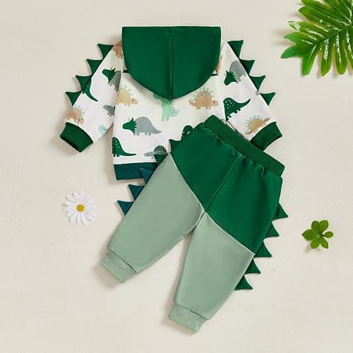 LIOMENGZI Infant Baby Boy Hooded Dinosaur Fall Outfit Contrast Sweatshirt Pant Set Toddler Dinosaur Clothes 6 12 18 Months 2T thumbnail 5