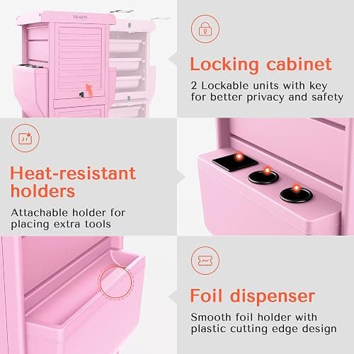 TASALON Professional Salon Trolley Cart, Lockable 6 Trays & 2 Holders, Space Saving Mobile Storage for Hair Salon and Beauty Station​ - Pink thumbnail 4