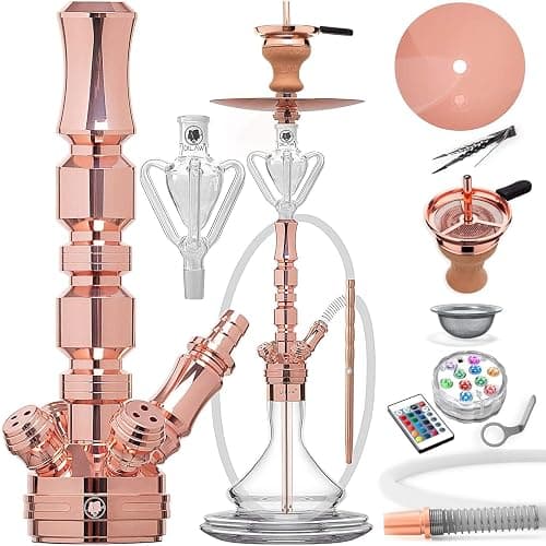 DILAW® Shisha Set TRIPHAN 66cm Edelstahl Wasserpfeife Profi Zubehör Komplett-Set bis 4-Anschlüsse mit Bowl, LED Licht, Kaminkopf, Molassefänger, Silikonschlauch, Alu Mundstück, Tonkopf & Kaminaufsatz - Image 1