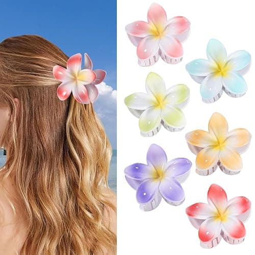 CHANDAT Flower Hair Clips 6 PCS Hawaiian Claw Clips for Vacation Hibiscus Hair Claw Clips Cute Large Hair Clips for Thick and Thin Hair Plumeria Hair Accessories for Women Girls -Light Petal thumbnail 5