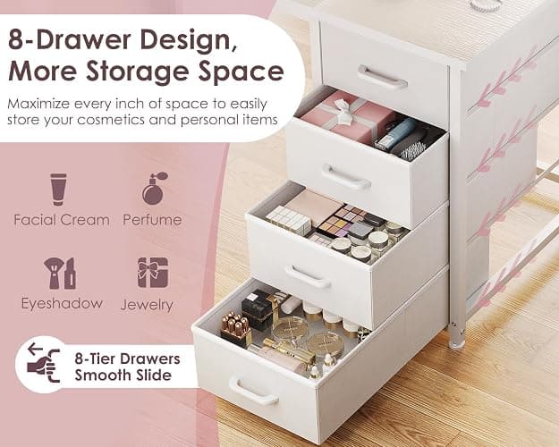 ODK 48 Inch Vanity Desk with 8 Fabric Drawers, Modern Makeup Desk for Bedroom & Dressing Room with Large Storage, Ideal for Home Office, Study, Pure White thumbnail 5