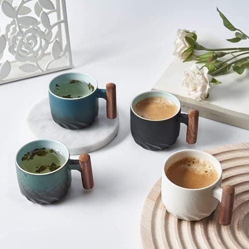 BlogBlog Ceramic Espresso Cups with Wooden Handle Espresso Shot Cups Ceramic Tea Cups Porcelain Demitasse Cups for Coffee or Tea, 3oz (green, 2) thumbnail 2