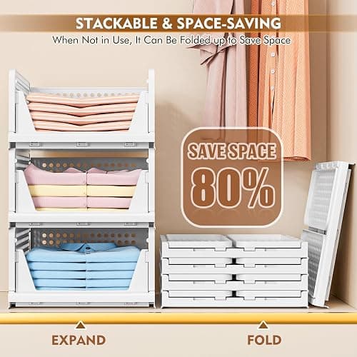 TidyIsles Wardrobe Storage Organiser - 4 Pack Folding Closet Organisers, Stackable Storage Boxes, Plastic Drawer Organiser Basket for Bedroom Kitchen Bathroom White thumbnail 3