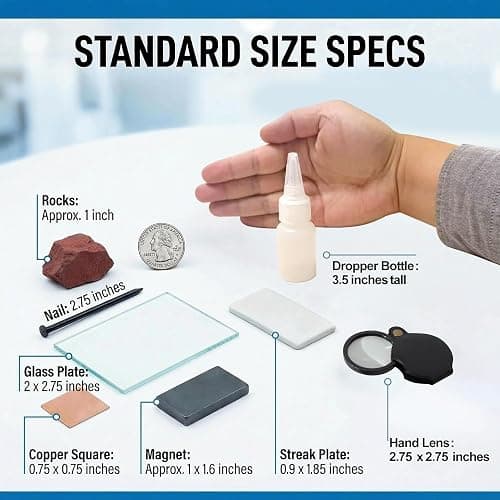 SuiToWan Mineral ID Kit Rock Mineral Identification Kit - Includes Streak Plates, Glass Plate, Magnet, Dropper Bottle, Nail, Hand Lens, Cooper Sheet, Rock & Mineral Geology Kit thumbnail 4