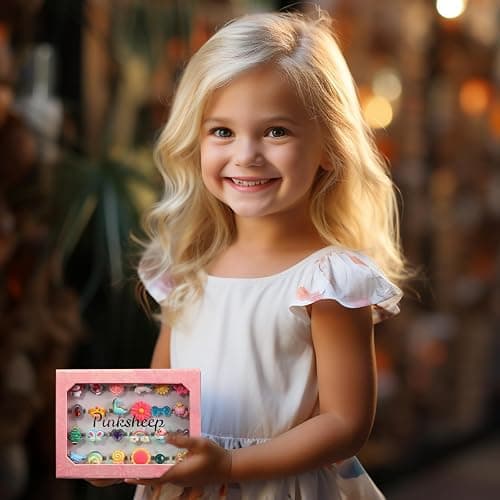 PinkSheep Little Girl Jewel Rings in Box, Adjustable, No Duplication, Girl Pretend Play and Dress Up Rings (24 Lovely Ring) thumbnail 7