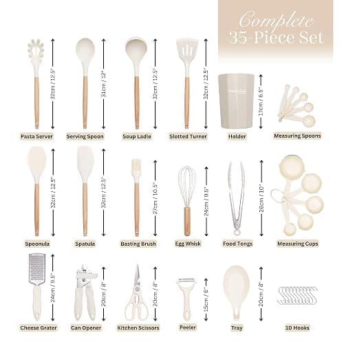 Kitchen Non Stick Cooking Utensils Set – Heat Resistant Silicone Utensils with Wooden Handle – Ladles, Spoons and Spatulas Set – Kitchen Tools & Accessories – 35pcs, Cream – by Nuovva thumbnail 3