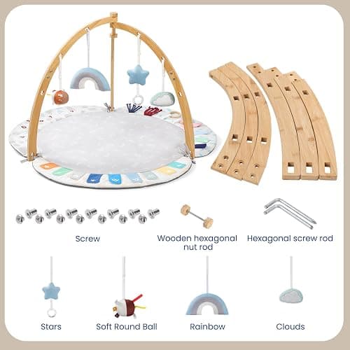 EXIN DECHEN Baby Play Gym & Activity Mat,Natural Organic Bamboo Frame with 4 Detachable Sensory Toys,Tummy Time Mat,Play Mat for Babies 0-6 Months,Newborn Play Mat,Baby Essentials Gifts thumbnail 7