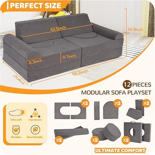 Winhomish 12-Piece Modular Kids Play Couch – Premium Soft Foam, Removable Cover, Comfortable & Safe Toddler Couch for Children 1-6 Years, Portable & Easy to Clean, Ideal for Living Room & Playroom thumbnail 3