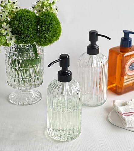 JASAI 2PACK 18Oz Simple Glass Soap Dispensers with Black Pump, Refillable Kitchen soap Dispenser with Vertical Stripe, Bathroom Soap Dispenser for Bathroom Hand soap, Dish Soap, Lotion. thumbnail 7