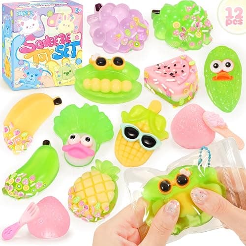 NINAOR Squeeze Squishy Toys for Kids, 12Pcs Fruit Vegetables Sensory Fidget Toys, Easter Egg Fillers Party Favors Treasure Box Toys for Classroom Stress Relief Gifts Travel Cute Stuff for Boys Girls - Image 1