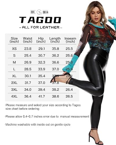 Tagoo Women's Stretchy Faux Leather Leggings Pants, Sexy Red High Waisted Tights thumbnail 4