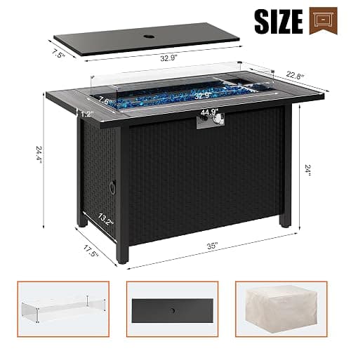 45 inch Outdoor Propane Fire Pit 50,000 BTU Gas Fire Pit Table with Lid, Glass Wind Guard, Waterproof Cover, Rectangle Gas Firepit Table for Garden/Patio, CSA Certification thumbnail 3