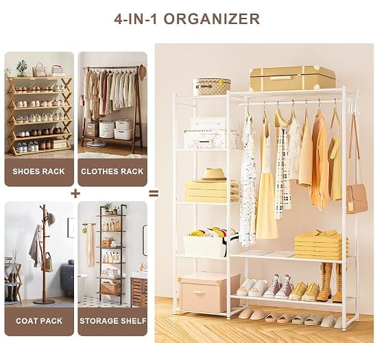 Neprock Clothing Racks for Hanging Clothes with Shelves, Portable Closet System Organizer Garment Rack for Clothes Storage, Metal Free Standing Wardrobe Clothes Organizer(White) thumbnail 5