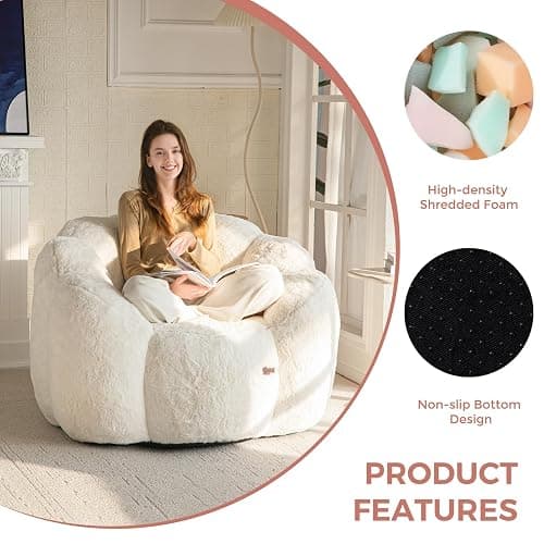 MAXYOYO Bean Bag Chair for Adults, Floral Shaped Bean Bag Sofa, Ultra Soft Faux Fur Floor Sofa, Large Reading Chair for Living Room Bedroom, Beige, Single thumbnail 7