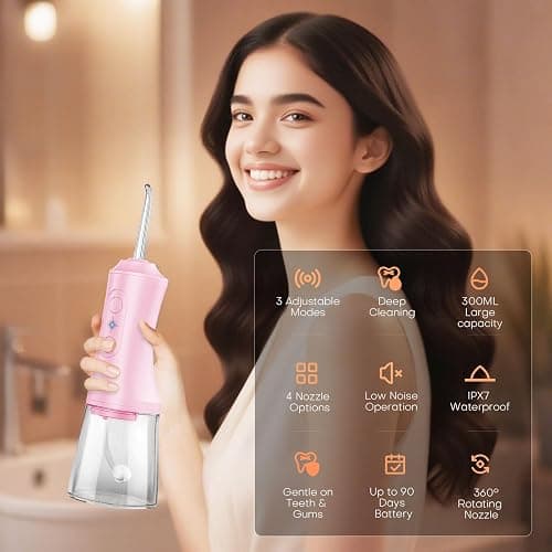 Water Dental Flosser - Portable Cordless Oral Irrigator 300ML, Rechargeable IPX7 Waterproof Irrigation Cleaner for Teeth Cleaning & Flossing, Travel & Home Use (Pink) thumbnail 2