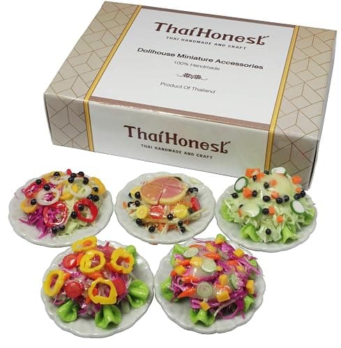 5 Assorted Salad with Plate for Dollhouse Miniature Food 1:6 Scale Realistic Clay Food for Dollhouses, Doll Accessories (A) - A thumbnail 3