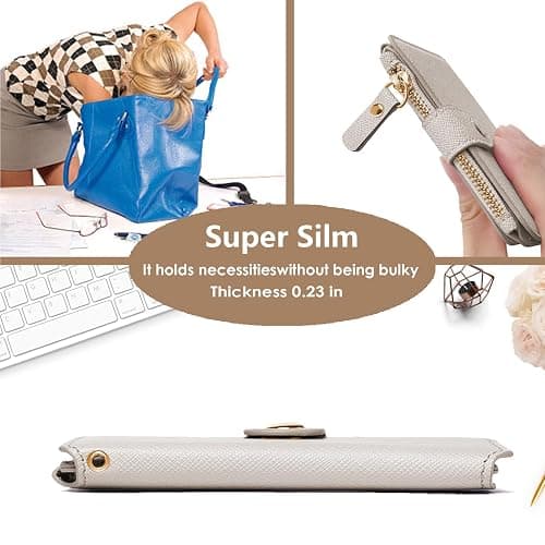 M-Plateau Wallet, Womens card Holder Leather Keychain Wallet With Zipper Coin Pocket ID Window Wrist Strap Gift Box (Beige) thumbnail 6