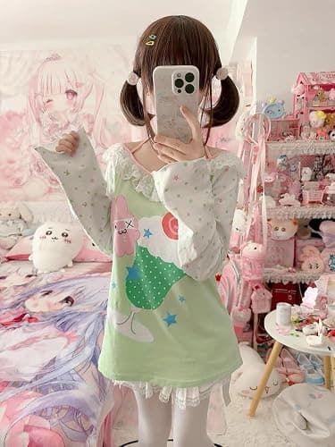 Womens Y2K Kawaii Print Sweatshirt Off Shoulder Lace Patchwork Tops Cute Japanese Graphic Casual T-Shirt thumbnail 3