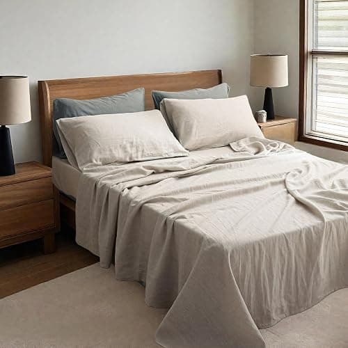 Simple&Opulence 100% Linen Sheets Queen Size Set, 4 Pcs Natural French Linen Bed Sheets, Breathable Soft Durable Bedding Set for All Season (Linen, Queen) thumbnail 2