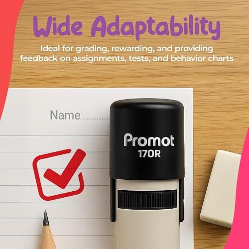 Promot - Self-Inking Stamps for Teachers, Round Rubber Stamp for Grading & Feedback, Quick-Dry Ink Stamps, Clear Imprint, Refillable Classroom Stamp & No-Mess Design (Check Box) thumbnail 4