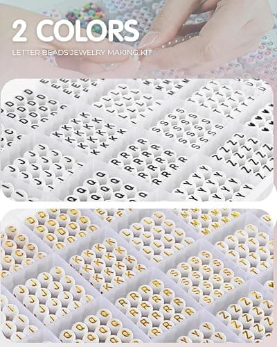L'EclatDina 2 Box Set Letter Beads, Alphabet Beads for Bracelets, 1900+ PCS Round Number & Heart, 5m Elastic String Jewelry Making Kit, Ideal for Friendship Bracelets (Black+Gold) thumbnail 4