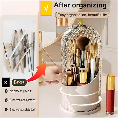 RONGZHIERK Makeup Brush Holder with Lid，Makeup Brush Storage Box with Diamond Pattern，360 Rotating Waterproof and Dustproof Beauty Brushes Storage for Vanity Bathroom,White thumbnail 7