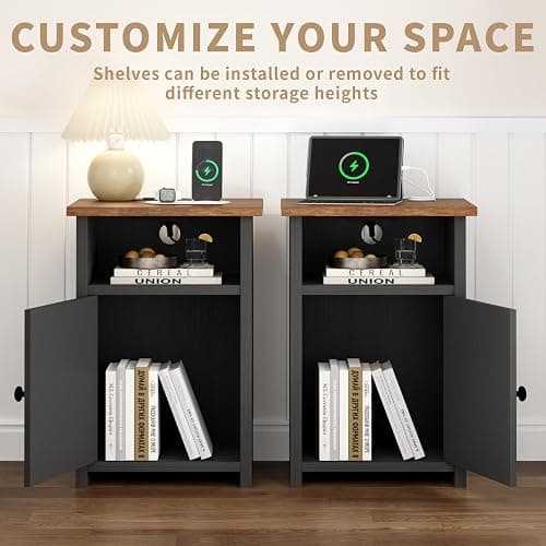 AURINEST Farmhouse End Table Set of 2 w/Charging Station, Nightstands w/Barn Door & Storage Shelf, Rustic Bedside Table for Living Room, Bedroom, Entryway, Office, Small Spaces, Black thumbnail 6