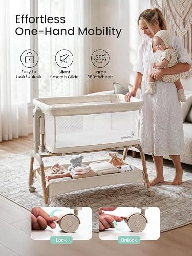 GROWNSY 5-in-1 Baby Bassinet Bedside Sleeper with Gentle Manual Rocking | 6 Adjustable Heights, Full Breathable Mesh, Convertible to Portable Crib, Bassinets with Mattress & Wheels, Beige thumbnail 8