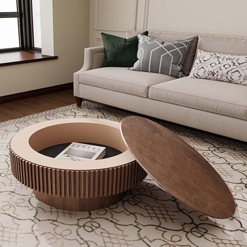Round Coffee Table with Storage, Modern Wooden Coffee Table with Solid Wood Veneered, Circle Center Table Accent Tea Table for Living Room Apartment Small Space (31.5''L × 31.5''W × 14''H, Walnut) thumbnail 3