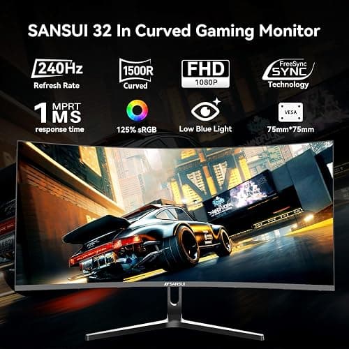 SANSUI 32 Inch Curved 240Hz Gaming Monitor High Refresh Rate, FHD 1080P Gaming PC Monitor HDMI DP1.4, Curved 1500R, 1Ms MPRT, HDR,Metal Stand,VESA Compatible(DP Cable Incl.) thumbnail 7