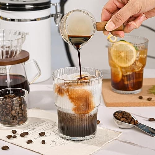 AUFXKOO 13oz Iced Coffee Cups,4Pcs Glass Cups with Lids and Straws Drinking Glasses,Clear Ribbed Glassware,Reusable Tumbler Glass to Go Cup for Matcha, Iced Tea,Juice thumbnail 2