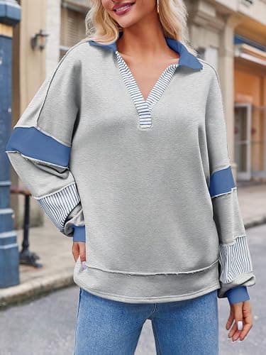 Fisoew Womens Color Block Oversized Sweatshirt Polo V Neck Long Sleeve Shirts Casual Loose Pullover Tops thumbnail 2
