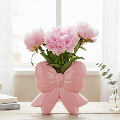 Jingmore Vase Coquette Ceramic Toothbrush Holder Vase Pen Makeup Brush Holder Contemporary Design Decorative Women Gift for Christmas Home Office Shelf Table Room(Small,Classic,Pink) - Image 1