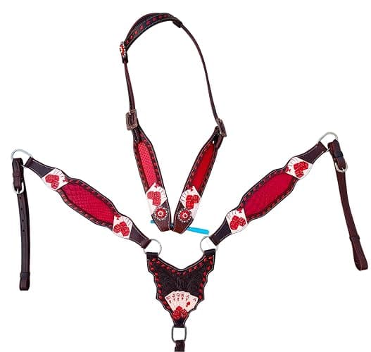 Western Tack Set Horse - Red Gambler Gladiator Design | Headstall and Breast Collar | Leather Horse Riding Tack for Barrel Racing, Rodeo & Show - Image 1
